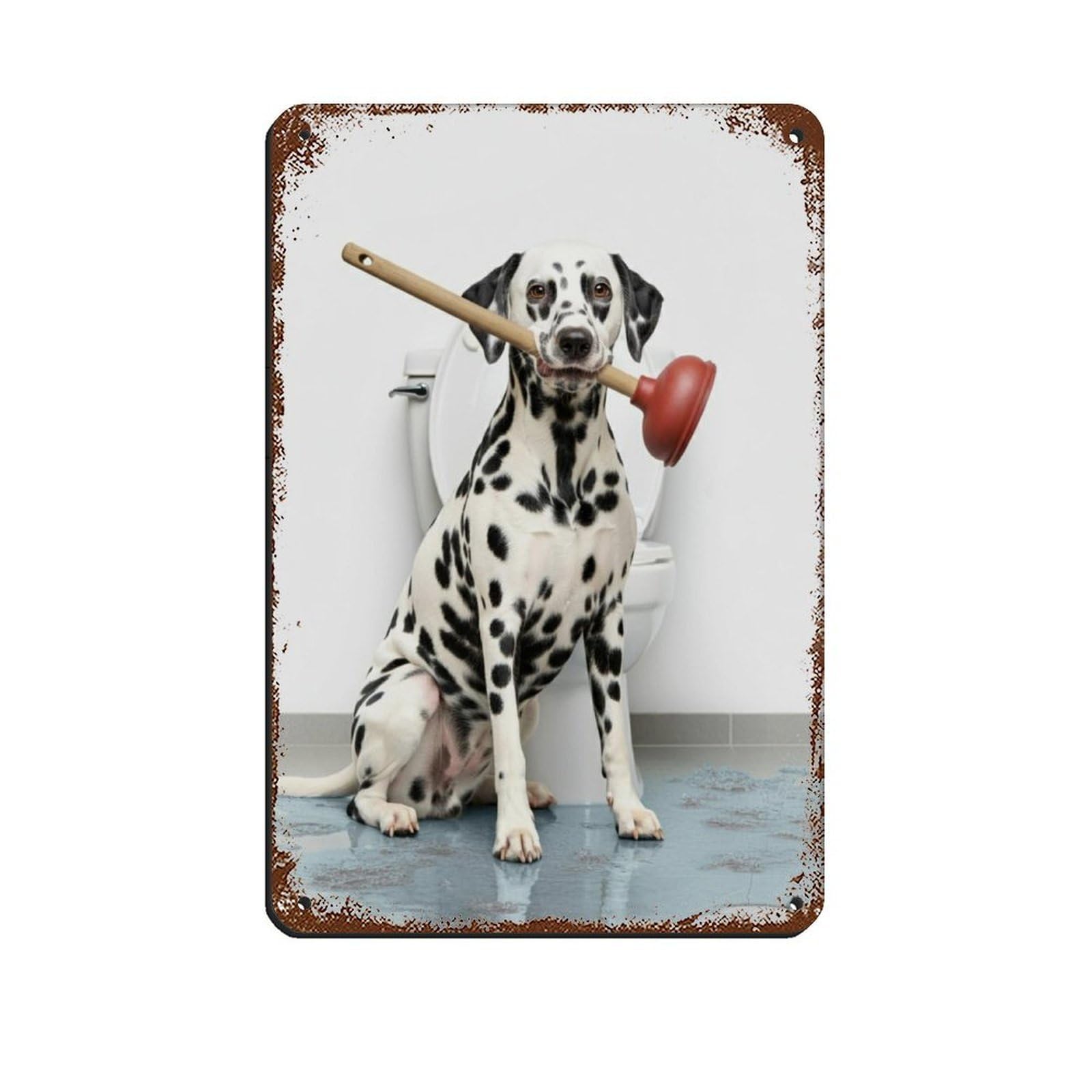 Dalmatian Bathroom, Plumber Dog with Plunger Retro Poster Metal Tin Sign Chic Art Retro Iron Painting Bar People Cave Cafe Family Garage Poster Wall Decoration 8x12inch(20x30cm)