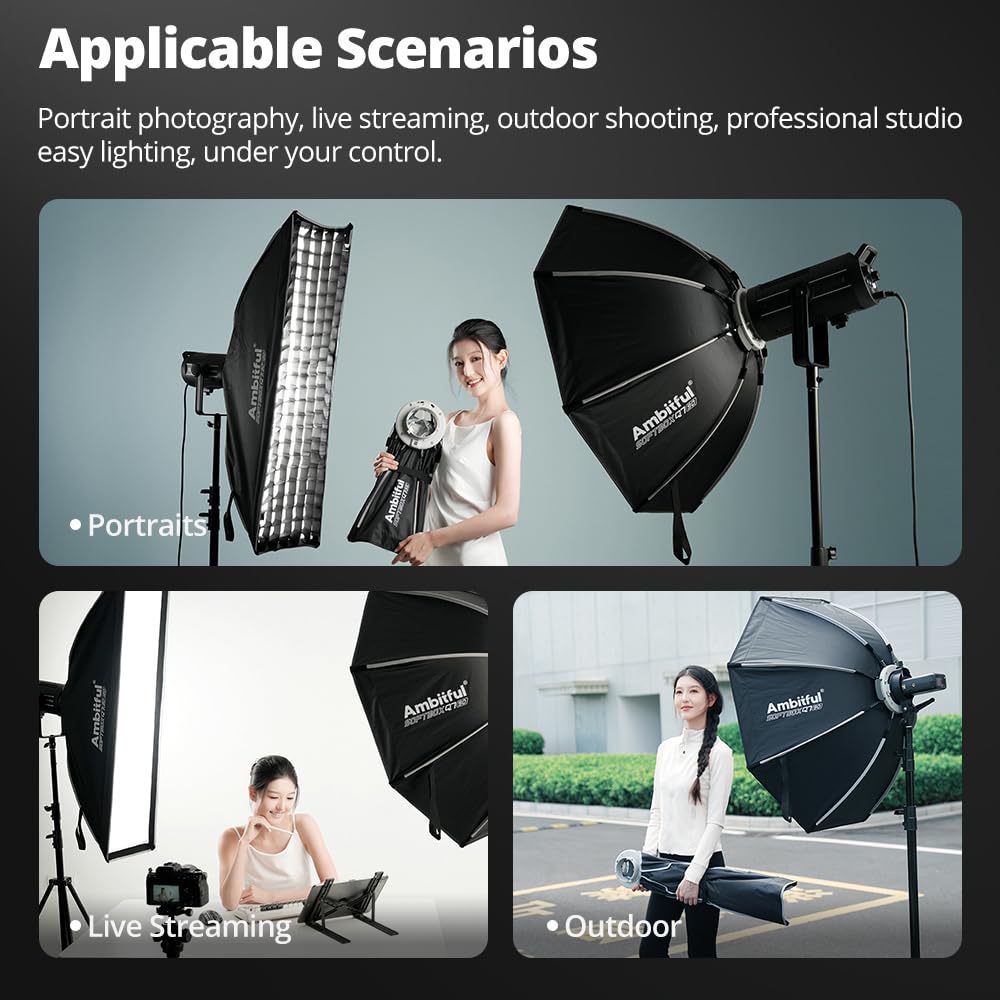 AMBITFUL Ośmiokątny softbox 25,6" / 65 cm z mocowaniem Bowens i uchwytem Speedlite do świateł COB, lampa błyskowa do CB60/CB100, SL60/SL100, MS300/SK400, V1/V1PRO/V100, AD200PRO/II (65.0 cm)