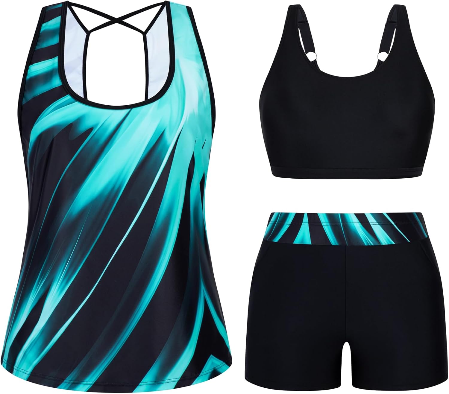 Arolina Tankini Swimsuits for Women 3 Piece Modest Bathing Suit Swimwear with Swim Shorts Blue Oblique Stripes L