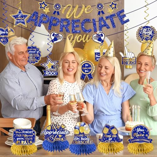 Image of We Appreciate You Decorations, Navy Blue & Gold Thank You Banner, Employee Appreciation Table Decorations & Hanging Swirls for Pastor Appreciation Events