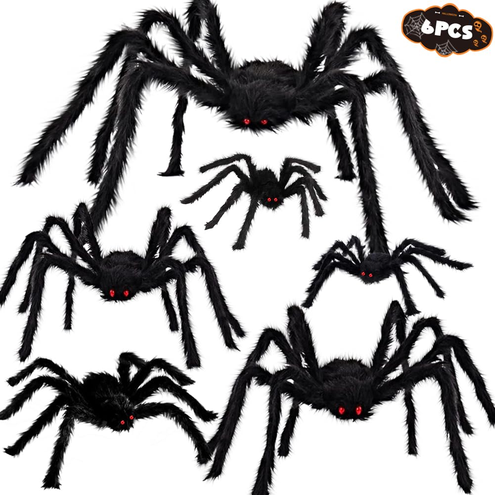 Halloween Realistische Haarige Spinnen Set, 6 Pack Halloween Spinnen Requisiten, Gruselige Spinnen mit verschiedenen Größen für Innen- und Außendekorationen