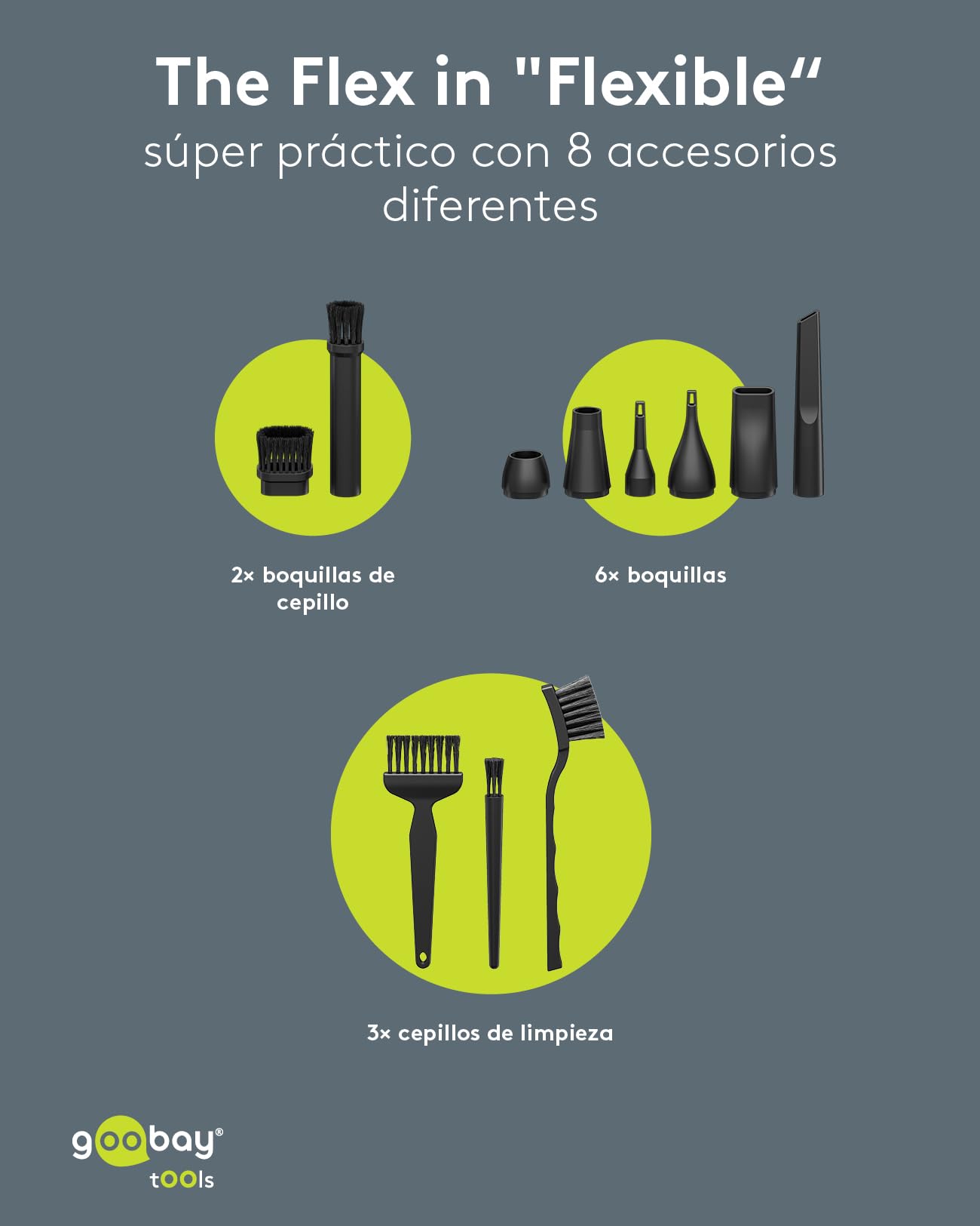 goobay Soplador de aire eléctrico, negro, inalámbrico, 100 W, 110.000 rpm, 3 niveles de potencia, con 8 boquillas, 3 cepillos y batería recargable USB-C, 77830
