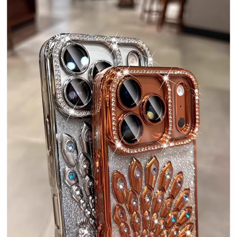 Image of mobistyle Designed for iPhone 17 Pro,3D Diamond Luxury Electroplate Glitter Peacock Tail Bling Design Camera Protection Shockproof Phone Back Cover Case for (Orange, iPhone 17 Pro)