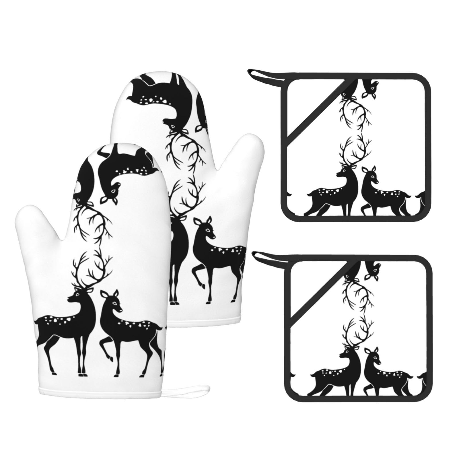 Deer Printed Oven Gloves and Hot Pads Set of 4, High Heat Resistant Silicone Mitts for Cooking BBQ
