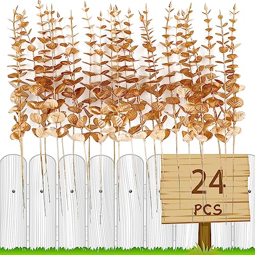 Leixi Artificial Eucalyptus Stems, Faux Eucalyptus Leaves Stems Fake Eucalyptus Branches for Wedding Bouquet Home Decor (Gold -24PCS)