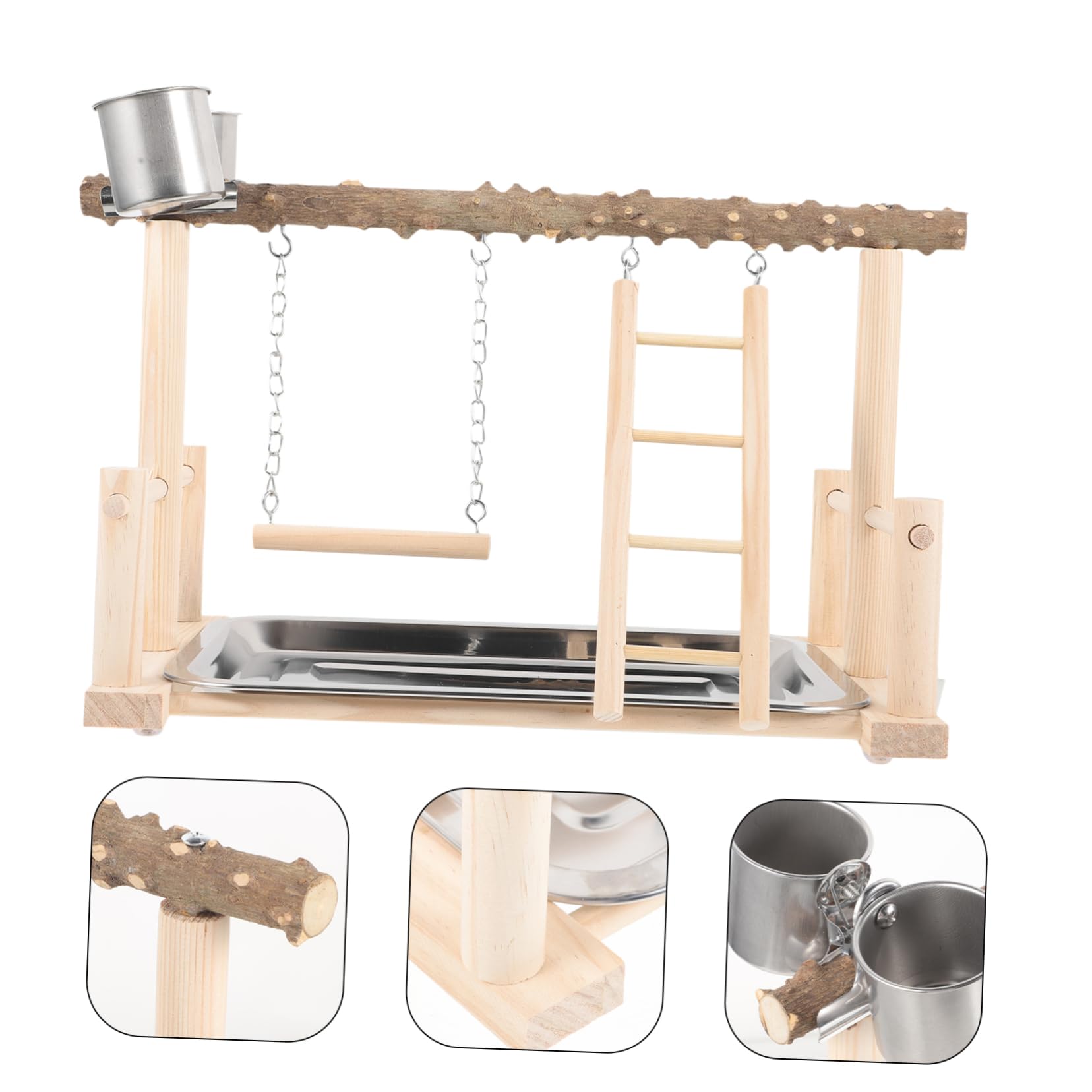 Housoutil de Madera para Pájaros Percha Natural y Comedero Doble, Estación de Entrenamiento para Aves Que Fomenta Ejercicio y Mejora Coordinación