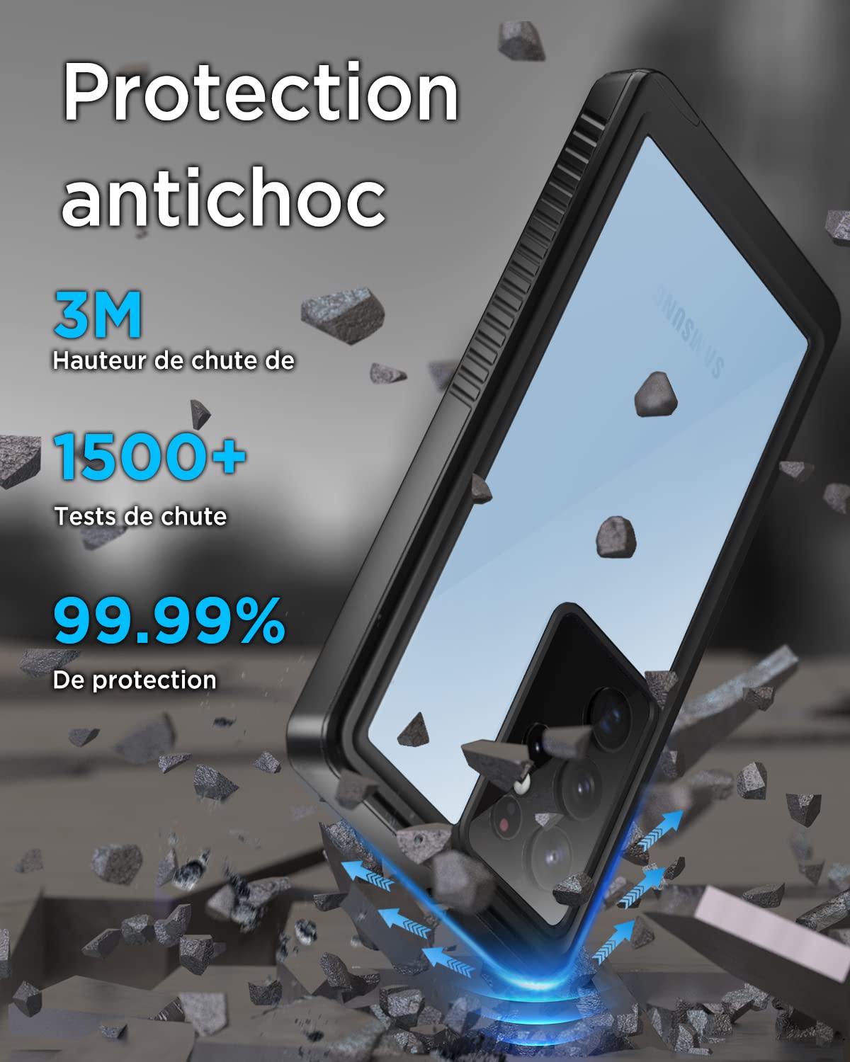 Beeasy Coque pour Samsung Galaxy S23 Ultra 5G – IP68 Étanche + Protection Militaire 360°, Antichoc & Antipoussière, avec Verre Trempé Écran et Caméra – Noir