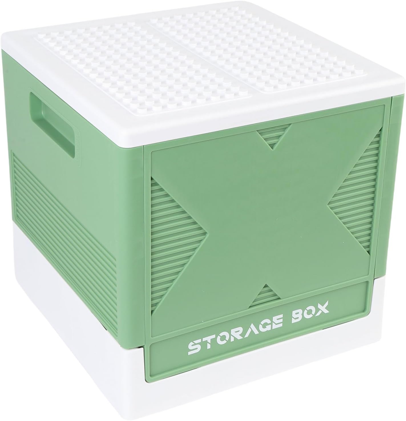 Focket Folding Storage Box with Large Building Lid, 37L Stackable Toys Storage Box with Building Baseplate, Foldable Building Blocks Organizer Storage Container for Home (Green)