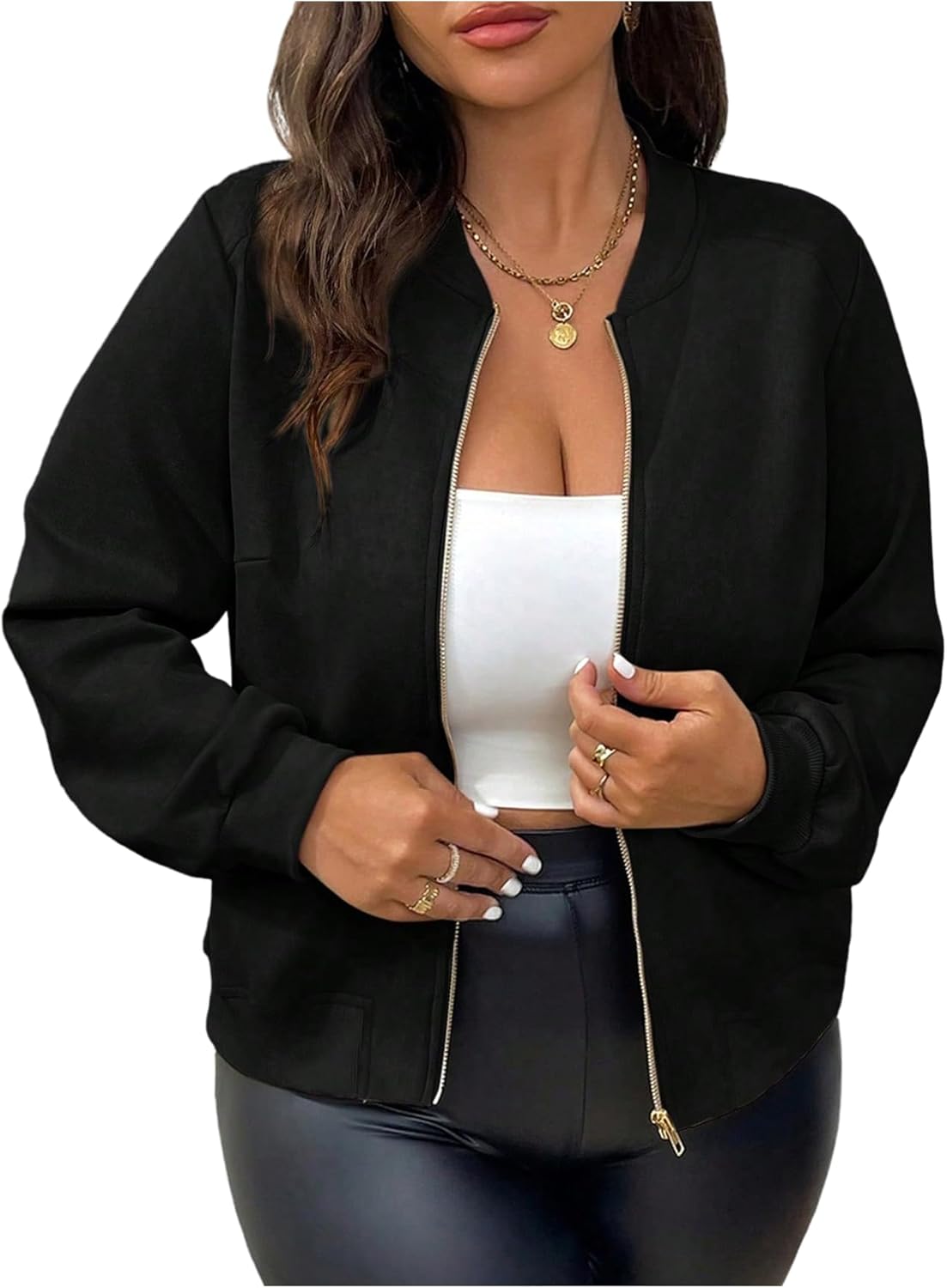 Verdusa Women's Plus Size Faux Suede Zip Up Bomber Jacket Baseball Collor Casual Outerwear