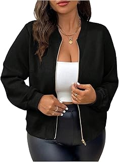 Women's Plus Size Faux Suede Zip Up Bomber Jacket Baseball Collor Casual...