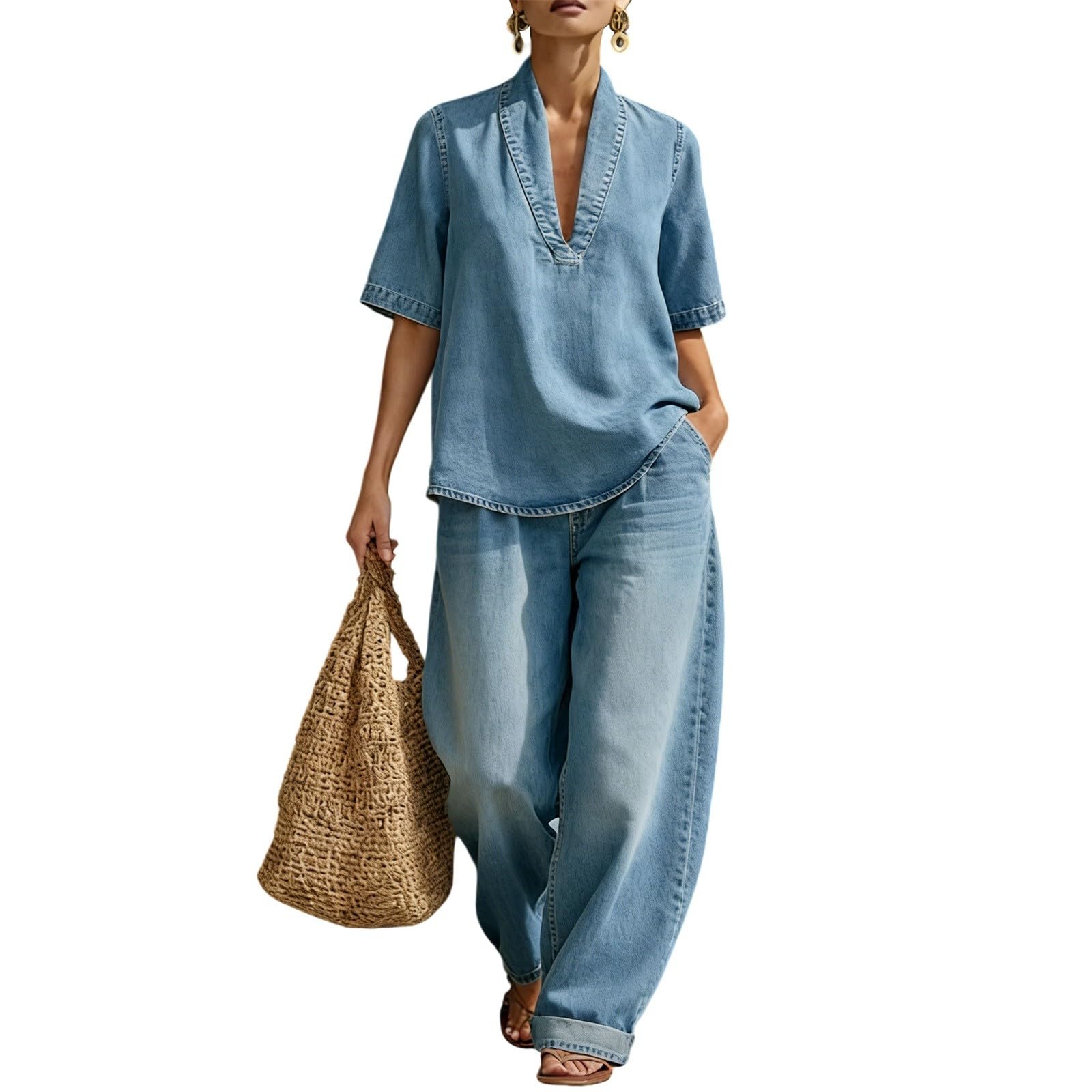 Conjunto de pantalones vaqueros para mujer, verano, elegante, 2 piezas, algodón, holgado, suelto, elegante, informal, ligero, con cordón, correr en casa, san mangas, camisa con cuello en V, pantalones
