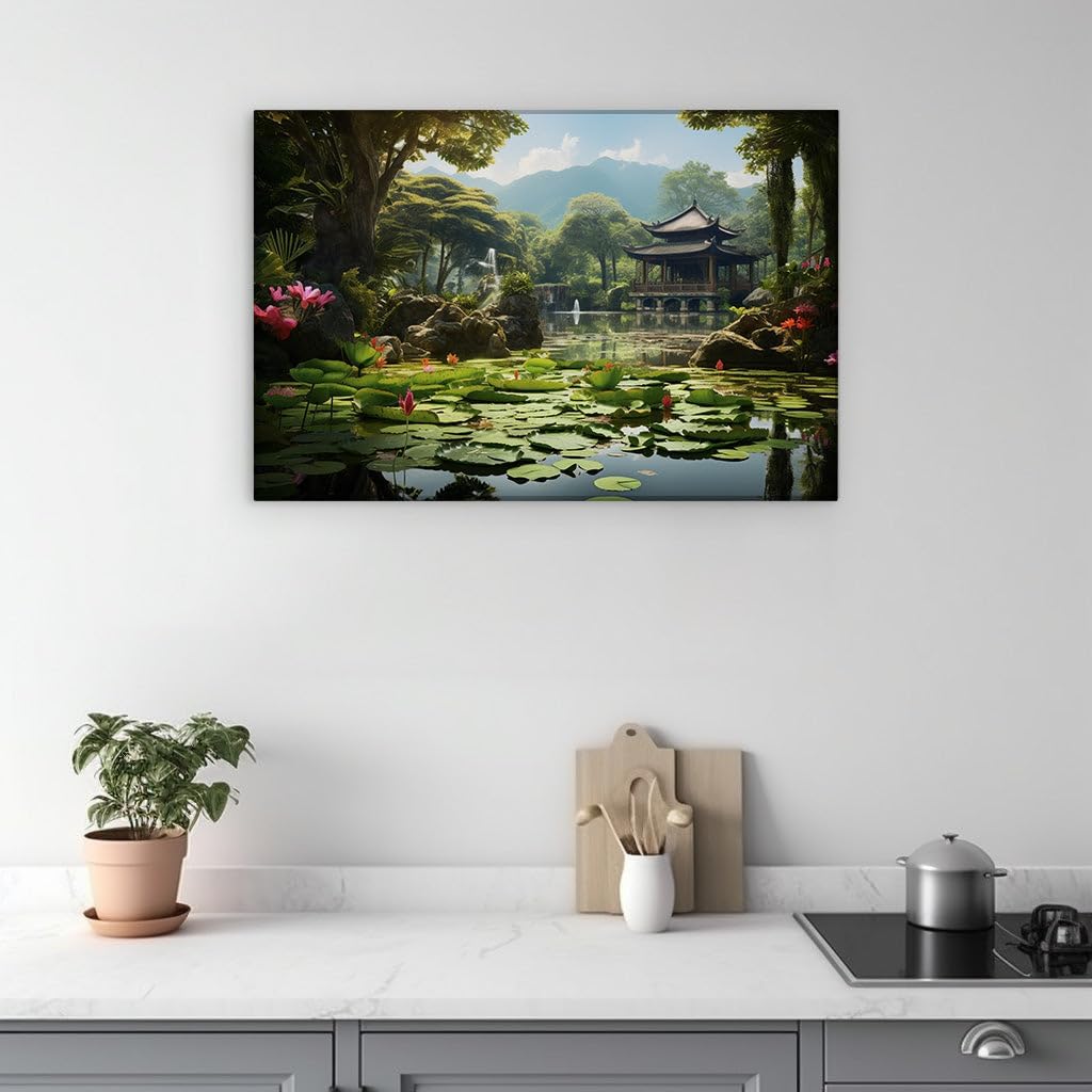 Canvas for Living room. Garden Serenity: Envisioning Peace by the Pond, 27 x 18 inch Canvas Wall Art - Expansive Panoramas - Modern Home Decor