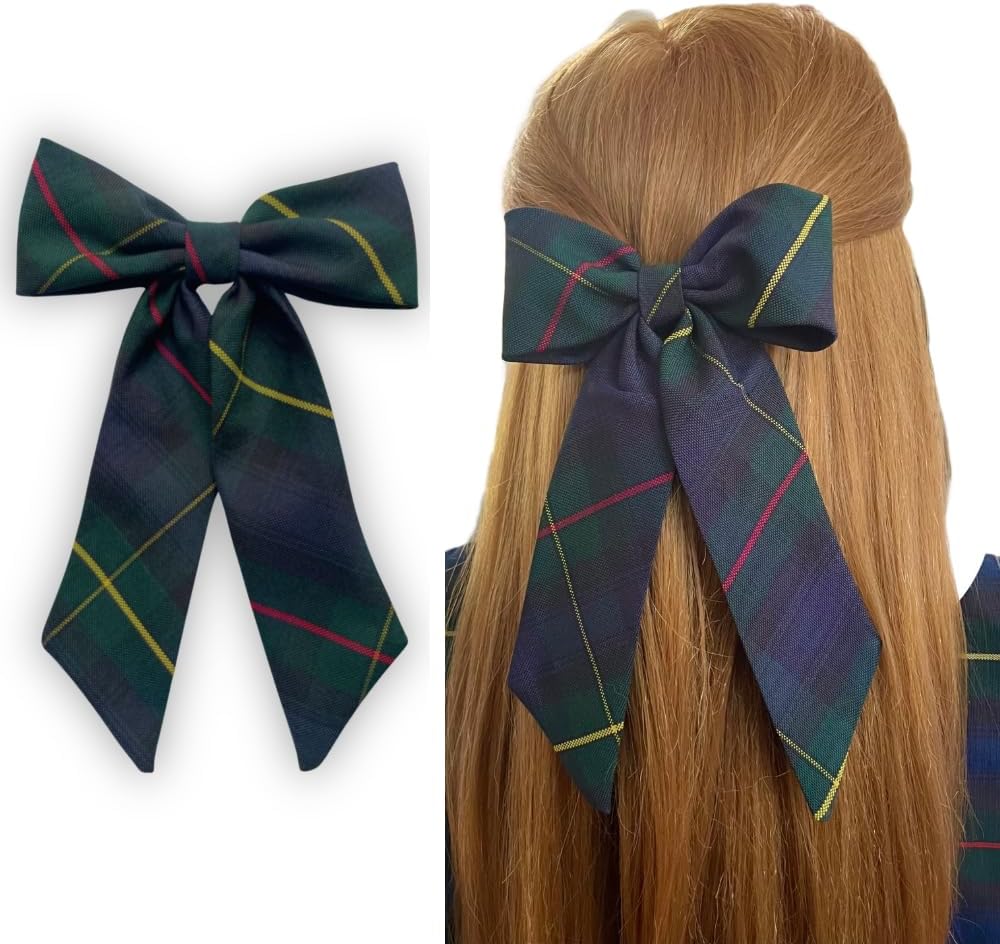 特大ロングテール ジャンボサイズ スクールユニフォーム 格子縞 ガールズ ヘアリボン フレンチバレッタ (グリーン ネイビー イエロ