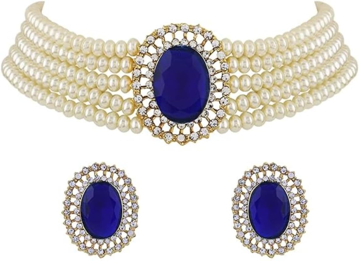 I Jewels Gold Plated Indian Wedding Bollywood Green Stone Studded Pearl Choker Necklace Jewellery Set For Women (ML316)