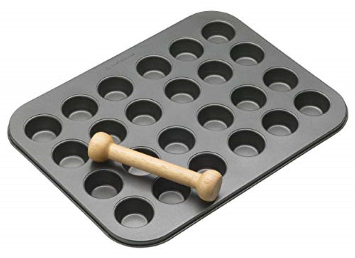 KitchenCraft KCMCHB43 Antihaft-Törtchen/Canapé-Backblech mit Mulden und Teigstampfer, Stahl, grau, 35 x 27 x 2 cm