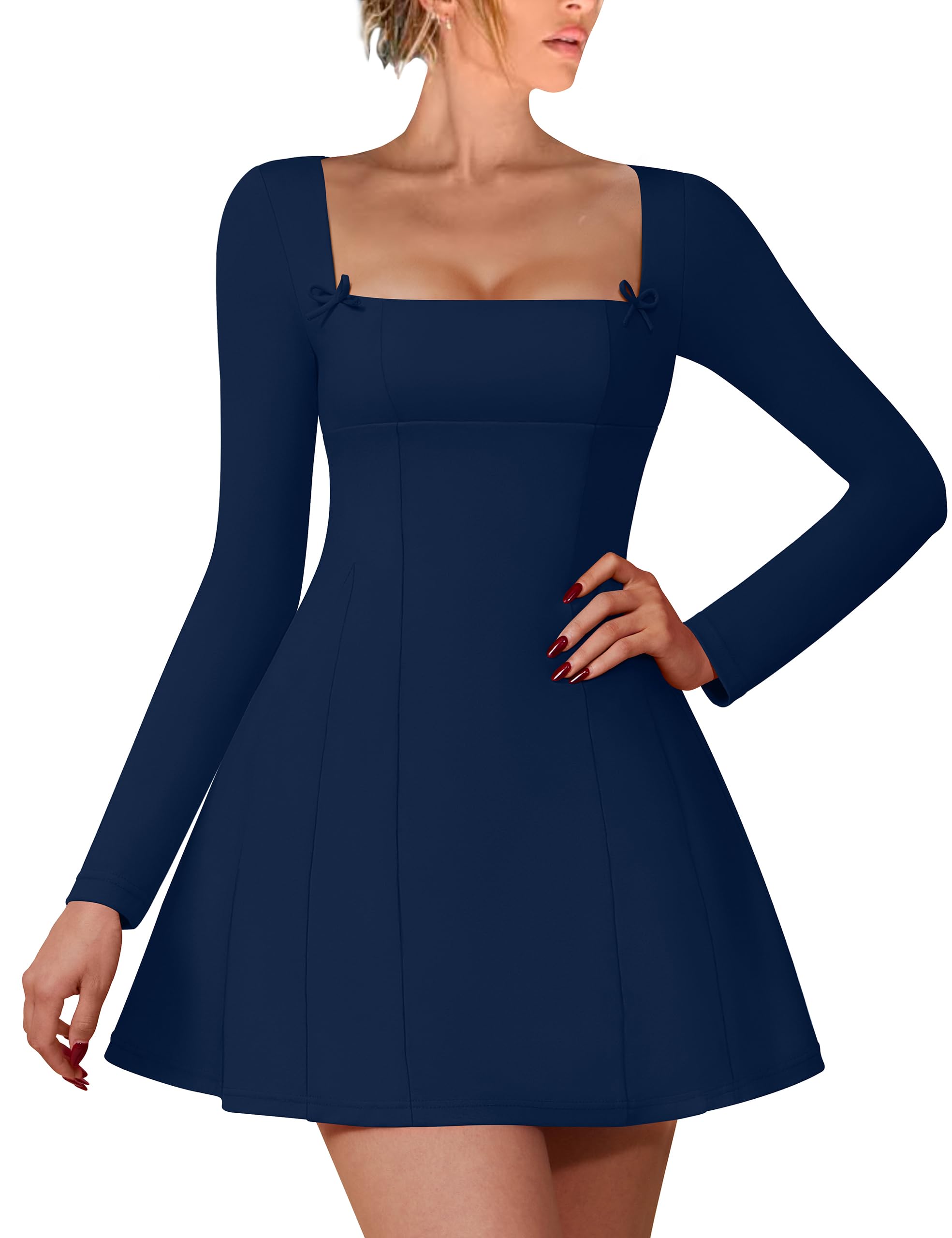 Women's Sexy Long Sleeve Square Neck Party Club A-line Short Mini Dress