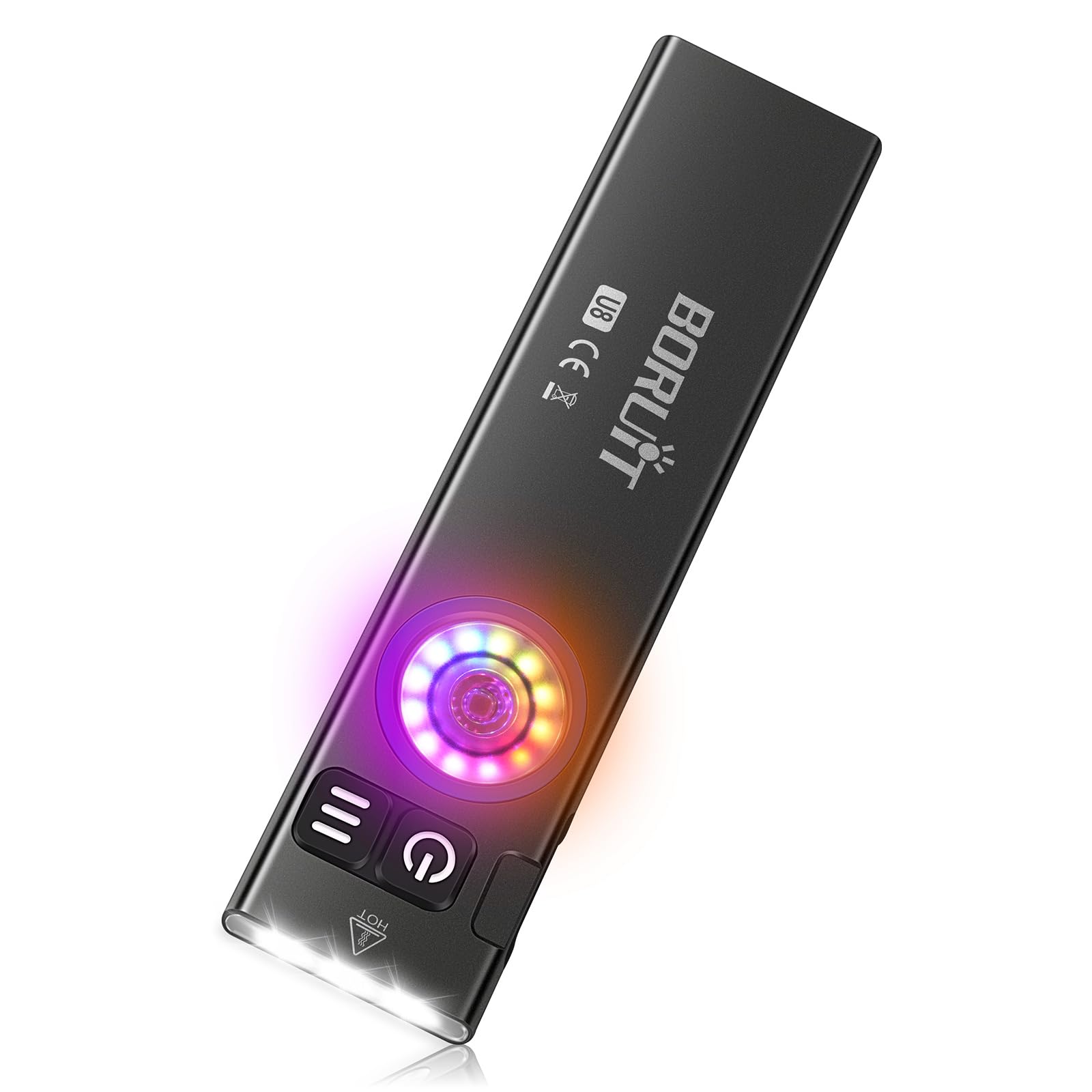 BORUIT U8 Small Torch with RGB Breathing Side Lamp, 650 Lumen Rechargeable EDC Torches, Pocket Flashlight with IP67 Waterproof, Big Clip, Magnetic Tail, for Camping Working Outdoor，Black