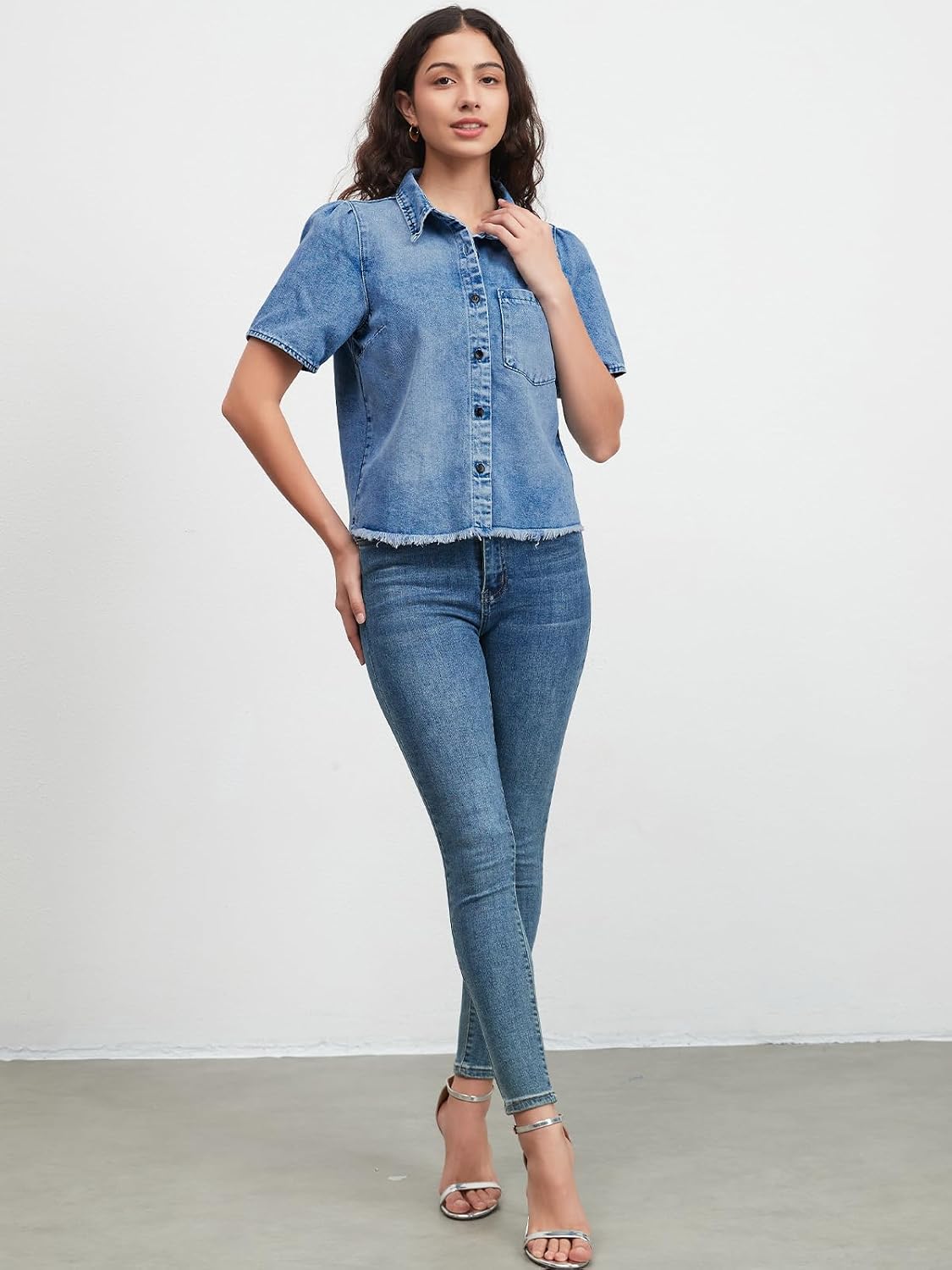 LifeShe Short Sleeve Denim Shirt for Women Summer Button Down Chambray Blouses Fringe Hem Jean Tops
