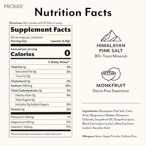 Miniatura 2 de ProMix Nutrition Paquetes de hidratación en polvo de electrolitos | Sal rosa del Himalaya, magnesio, potasio, vitamina C | Sin azúcar, 30 unidades