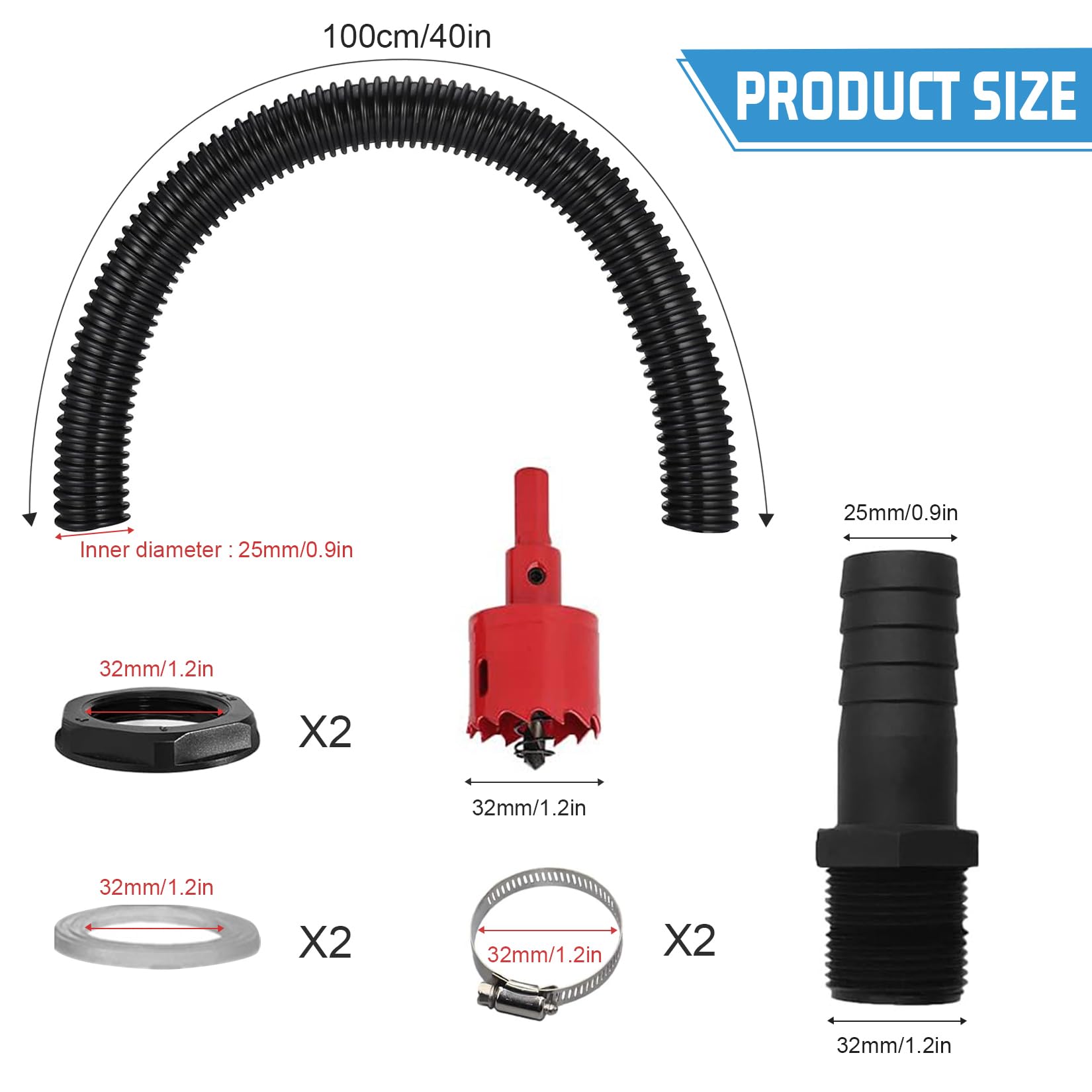 Zestaw łączników do beczek na deszczówkę, 1 cal (25 mm), z wężem łączącym 1 m / 2 króćce do węża 25 mm z nakrętką zabezpieczającą do zbiornika na deszczówkę