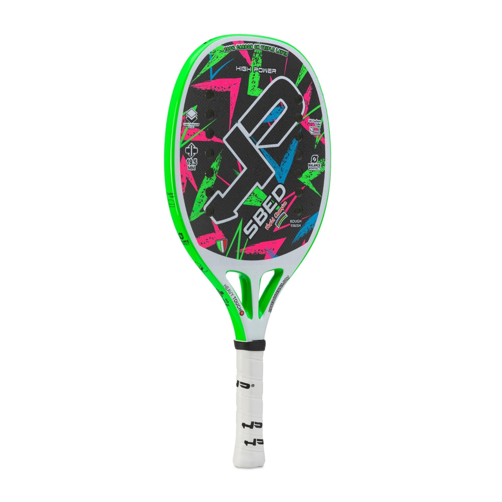 HP SBED, rakieta do tenisa plażowego, 100% węgla 3K, powierzchnia do leczenia Super Grip - Eva High Power - lekka i wyważona, profil 19,50 mm, w zestawie torba - rakieta mistrza świata