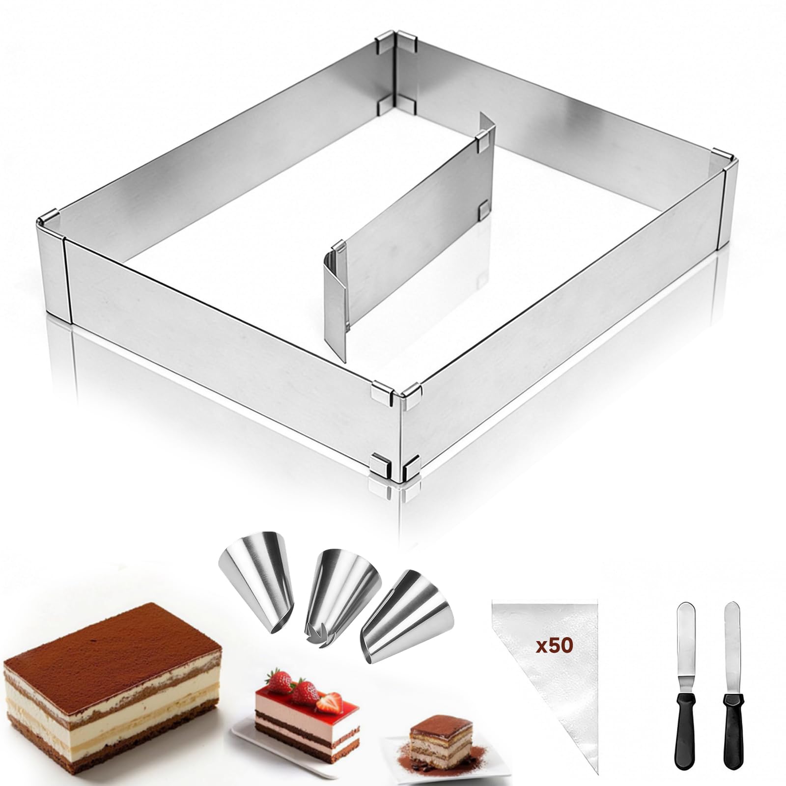 Veebmys Molde Pastel Ajustable, de Acero Inoxidable Extensible de 18-28 cm a 32-53 cm, con Divisoria y 2 Espátulas, para Hornear Pasteles, Mousse, Tiramisú y Tartas
