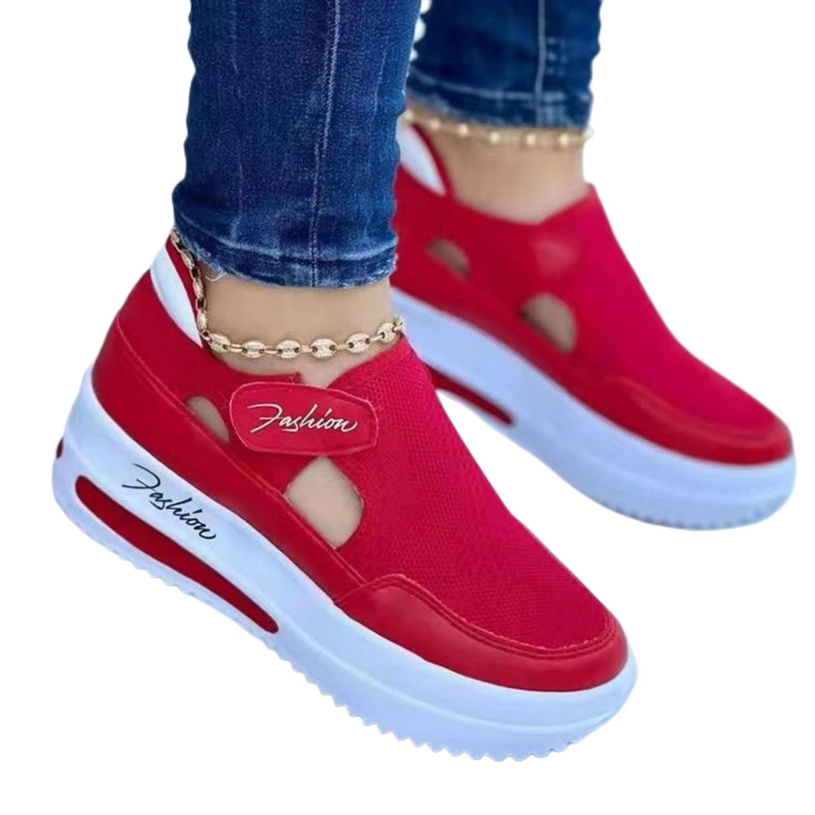 KAJXZ Women's Orthopedic Shoes Casual Breathable Mesh Round Toe Sneakers Summer Comfortable Thick Heel Buckle Hook Loop Sport Shoes Lightweight Slip