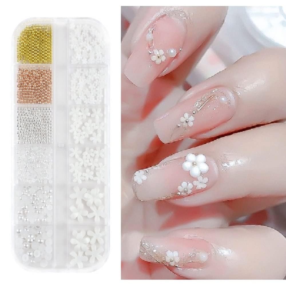 3D Nail Art Decoration Kit – White Flower Nail Charms with Pearl Beads, Caviar Beads & Studs for DIY Nail Art Design, Acrylic & Gel Manicure Accessories Set-image-44