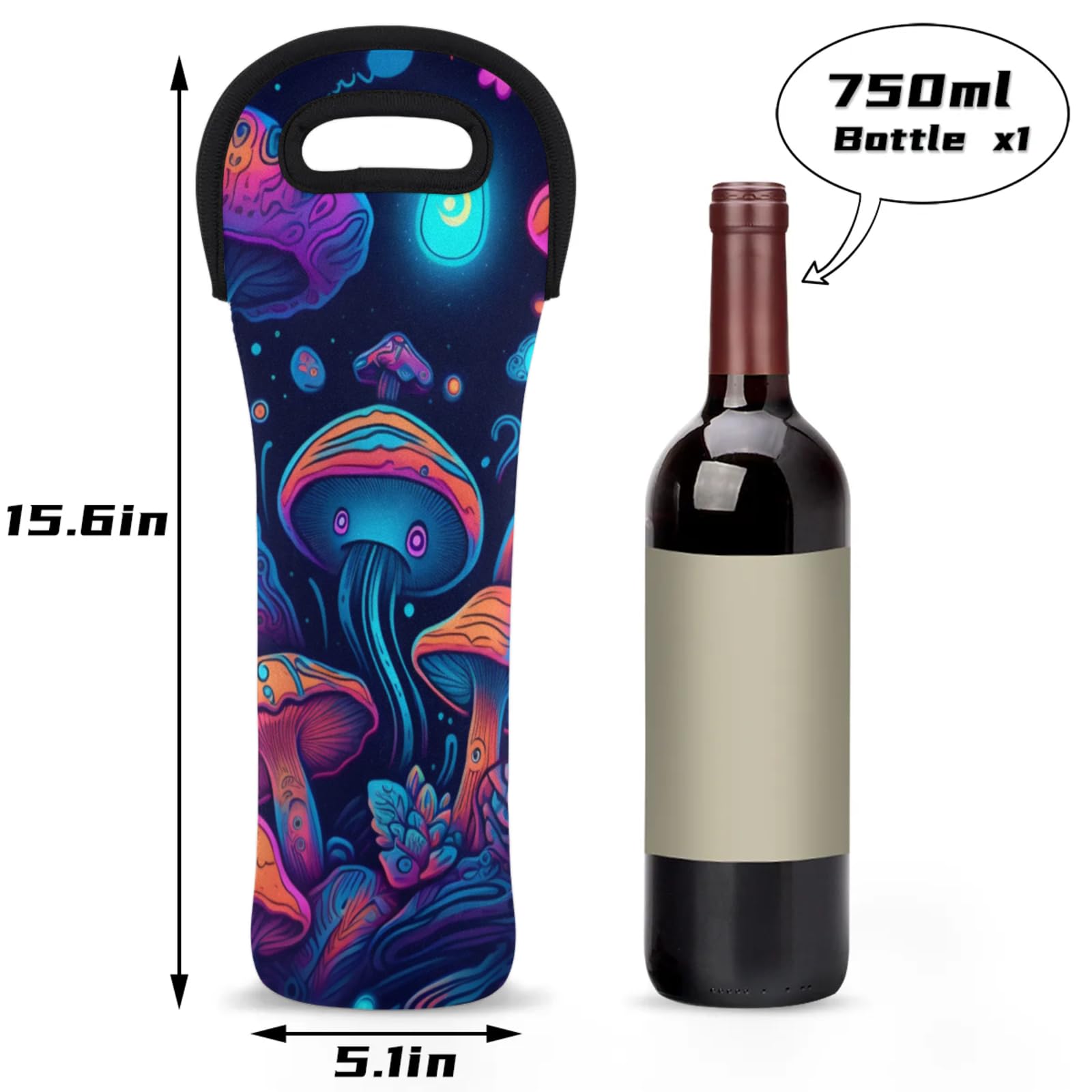 Neoprene Wine Tote Carrier Bag for Wine,Water, Champagne, Beer, Baby Bottles 15.6 x 5.1 Inches, Protective Wine Bag,Mushrooms