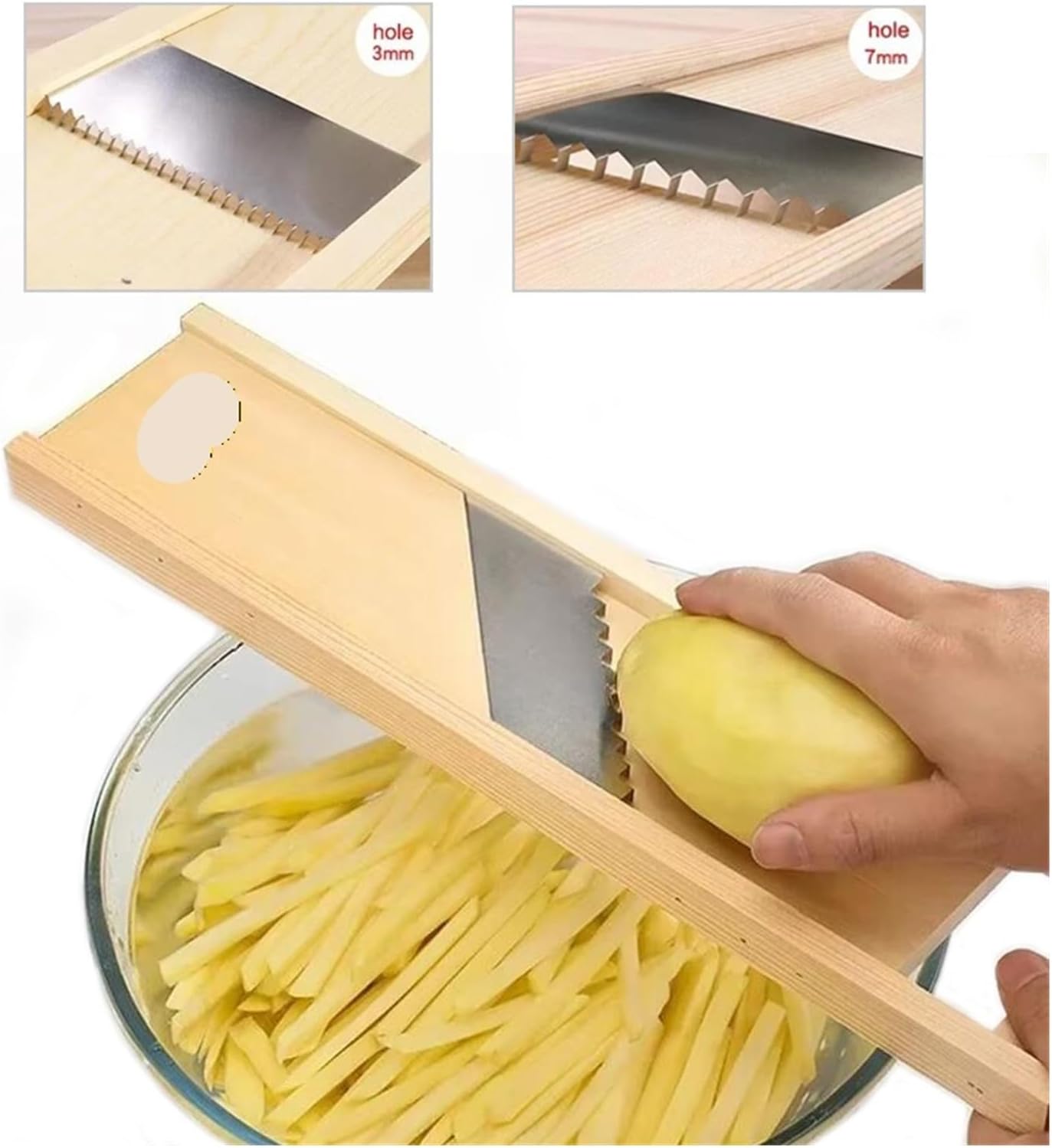 Stainless Steel Vegetable Cutter Manual Chopper - Cucumber, Potato & Carrot Slicer with Solid Wood Handle(7mm-Set)