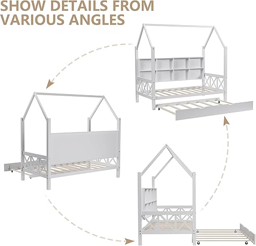 Miniatura 21 de Cama individual con cama nido y techo para niños, marco de cama de madera tamaño individual con estantes de almacenamiento, barandillas de madera,
