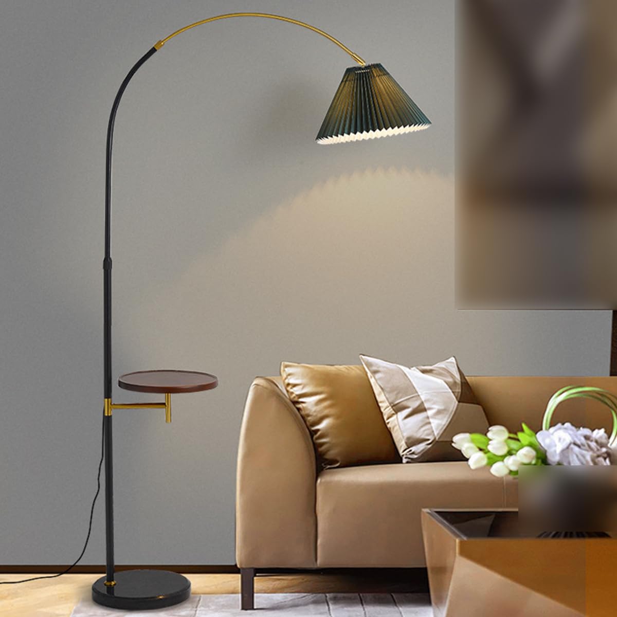 HGJHJJHK Gold Floor Lamp Sofa Side Arc Floor Lamps Pleated Linen Shade Tall Light with Tray Nordic Creativity Iron Pole Lamp Corner Reading Vertical Light Marble Base for Home Office