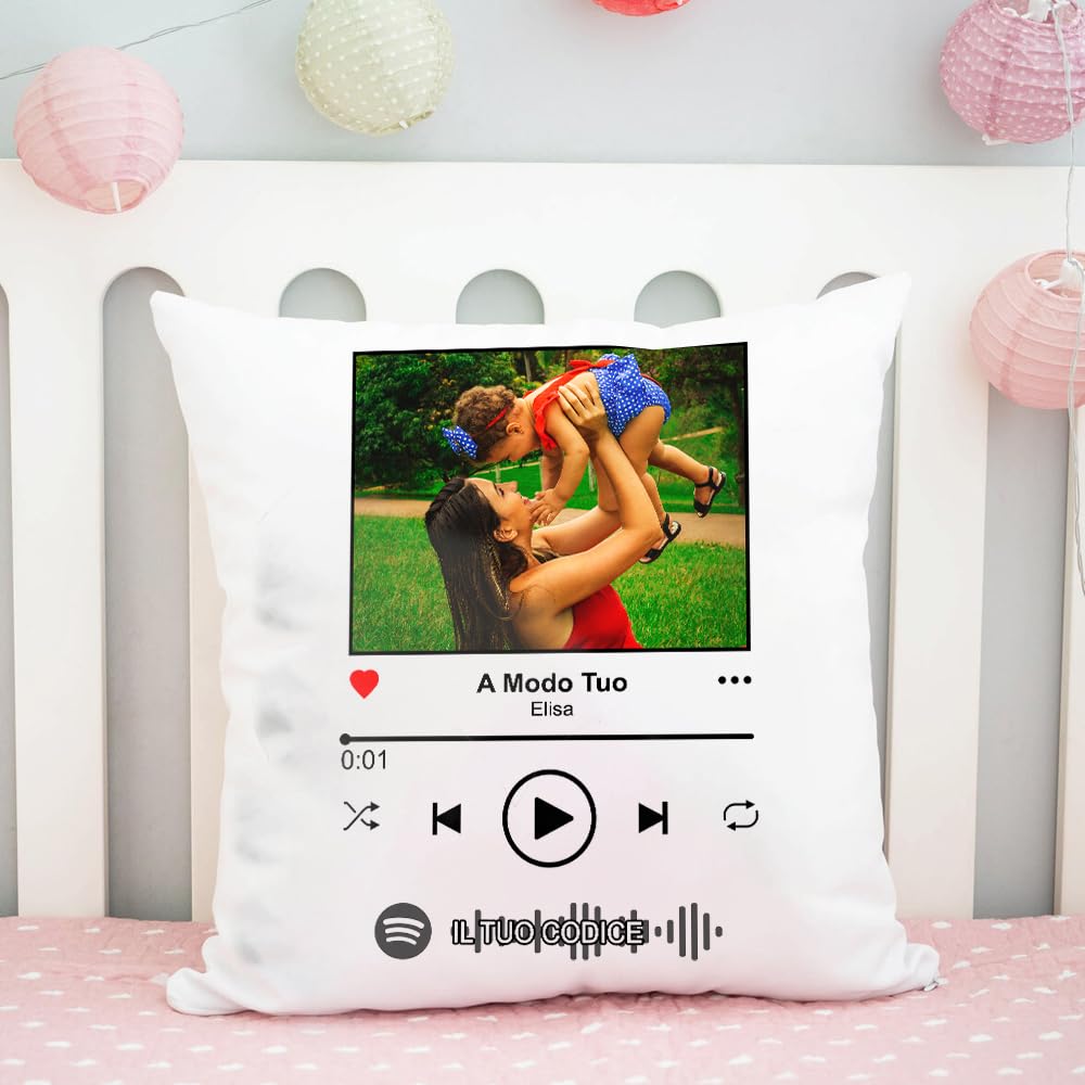 GIFART Cuscino Musicale Spotify Premi e ascolta la tua canzone, personalizzato con foto (Retro Nero, Foto Singola)
