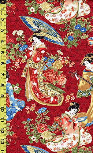 Japanese, Asian, Quilting, Sewing Fabric - Kyoto Garden - Geisha Gathering - Red