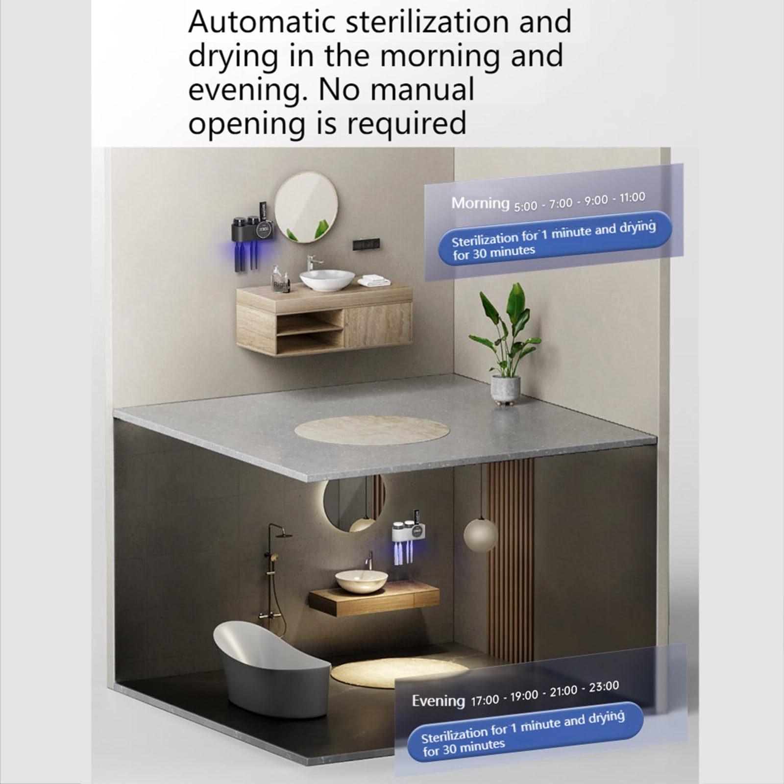 Esterilizador de cepillo de dientes inteligente sin perforaciones Cepillo de dientes para varias personas Desinfección ultravioleta Estante de secado automático,White