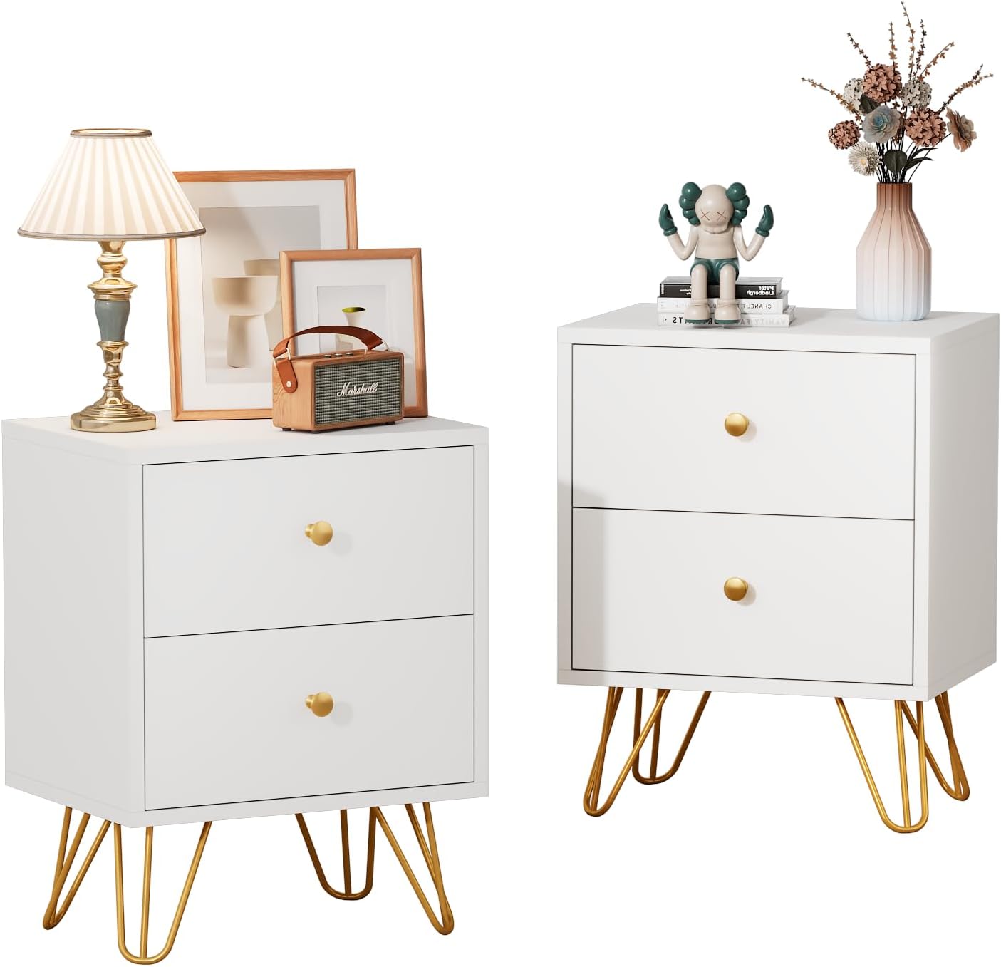 White Nightstand Set of 2, White and Gold Night Stand with 2 Drawers, Modern End Table with Metal Legs and Gold Handles, Bedside Table for Bedroom, Hallway