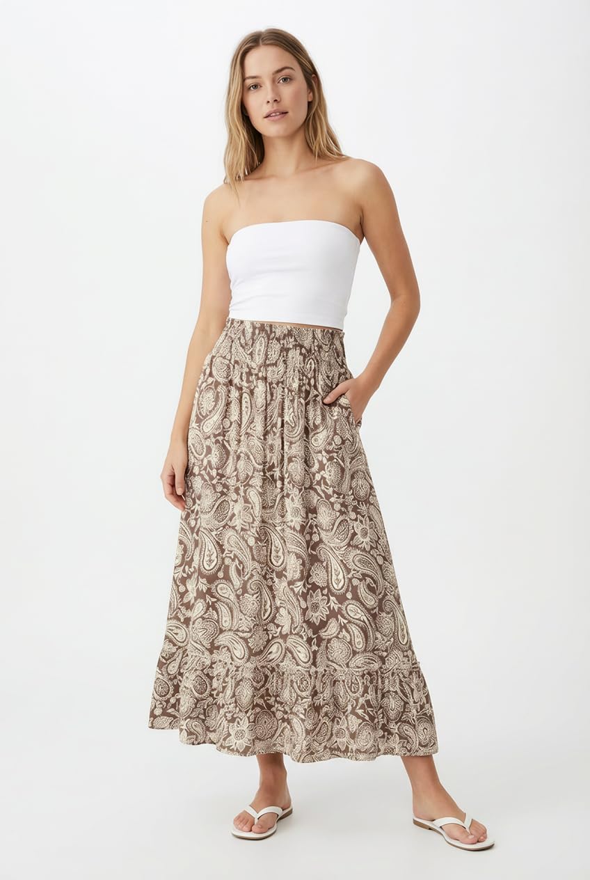 Bsubseach Womens Boho Floral Print Maxi Skirts Elastic High Waist Flowy A Line Long Midi Skirt with Pockets - Image 2