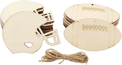 Paquete de 32 recortes de madera para casco de fútbol y casco de fútbol en forma de rebanadas de madera, temática de fútbol, deportes, adornos