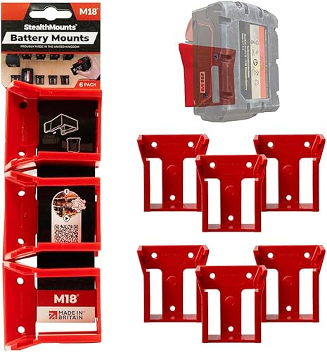 StealthMounts Battery Holder Compatible with Milwaukee M18 (6 Pack) - Red  StealthMounts Battery Mounts  Made in The UK