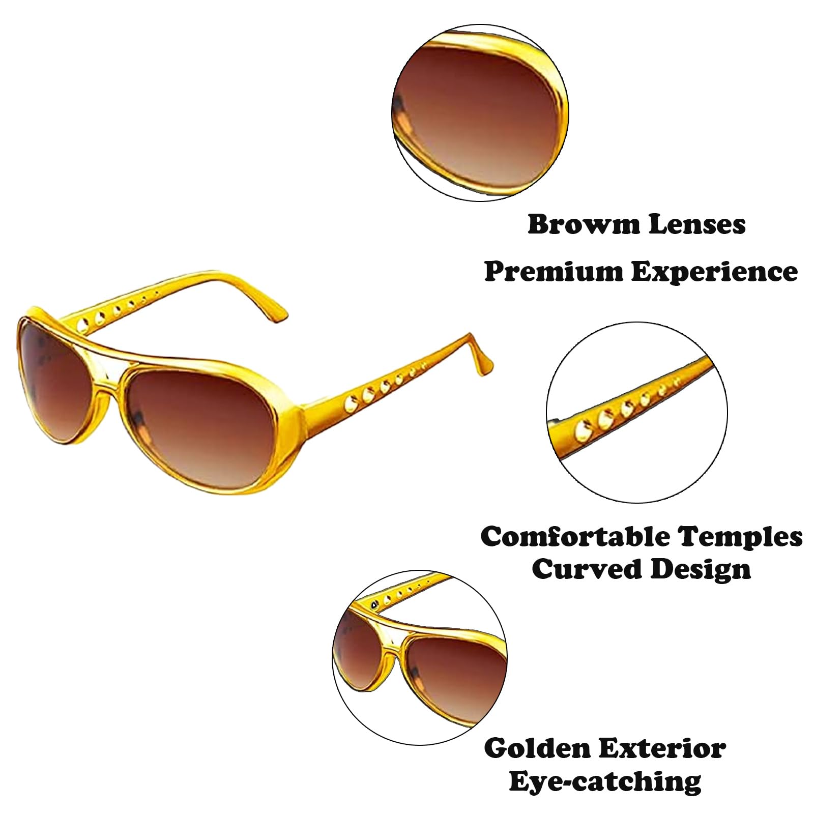 JNGTKL 3pcs Glasses, Rock Star Cool Golden Costume Glasses, 80's Disco Gold Sunglasses, Sunglasses - Image 3
