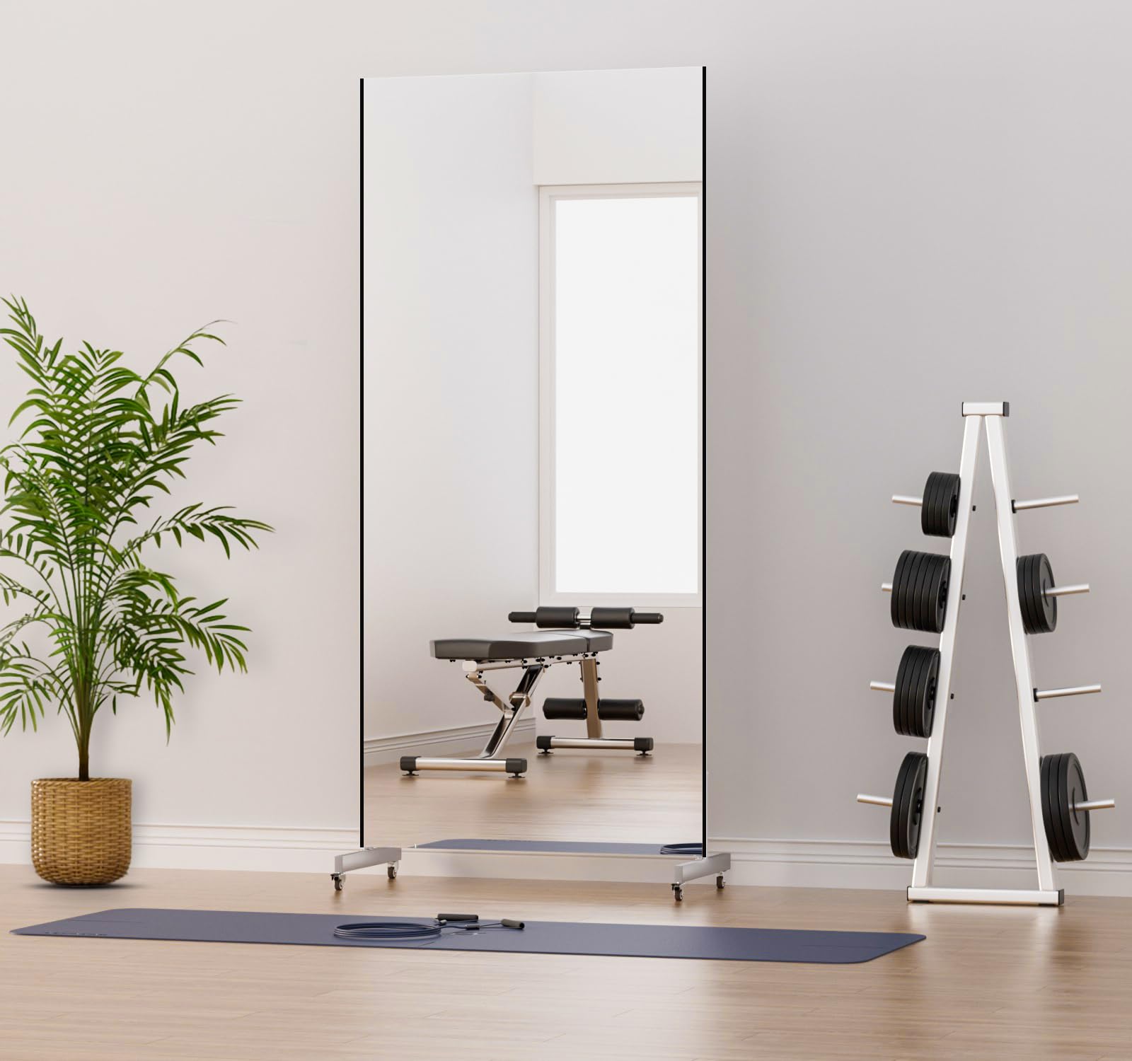 BAREX Glasloser Rollspiegel 80×180 cm Schwarz – Bruchsicher, Leicht, Mobil mit Rollen – Perfekt für Fitness, Tanzstudio, Ballett, Yoga, Home Gym – Glasfreie, sichere Spiegelwand