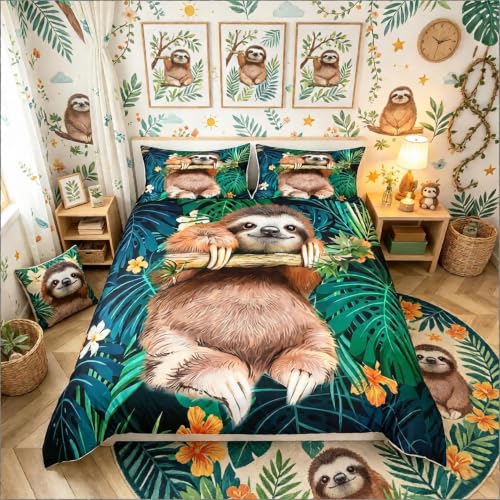 Image of Kids Cute Sloth Bedding Set Cartoon Animal Comforter Cover for Boys Girls Funny Lazy Sloth Tropical Leaves Floral Print Duvet Cover Nature Themed Bedspread Cover Room Decor Quilt Cover Single Size