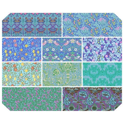 Free Spirit - Kaffe x Morris & Co. - FB4FQKW Blues Fat Quarter Bundle - 10 pcs - Cotton Quilting Fabric