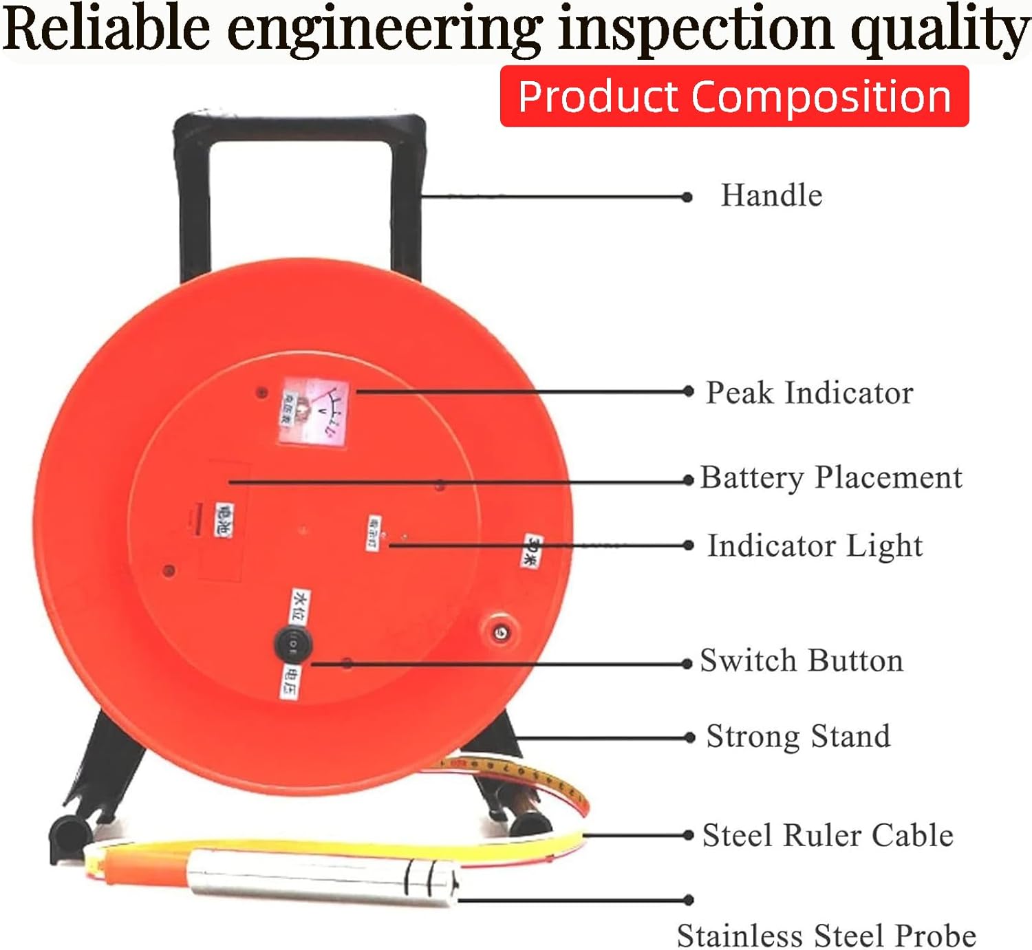 Water Level Meter,10-300m Groundwater Levels Measuring,Water Level Indicator,Well Water Depth Sounder,Electronic Water Level Gauge with Fixed Probe and Steel Tape (10m(32ft))