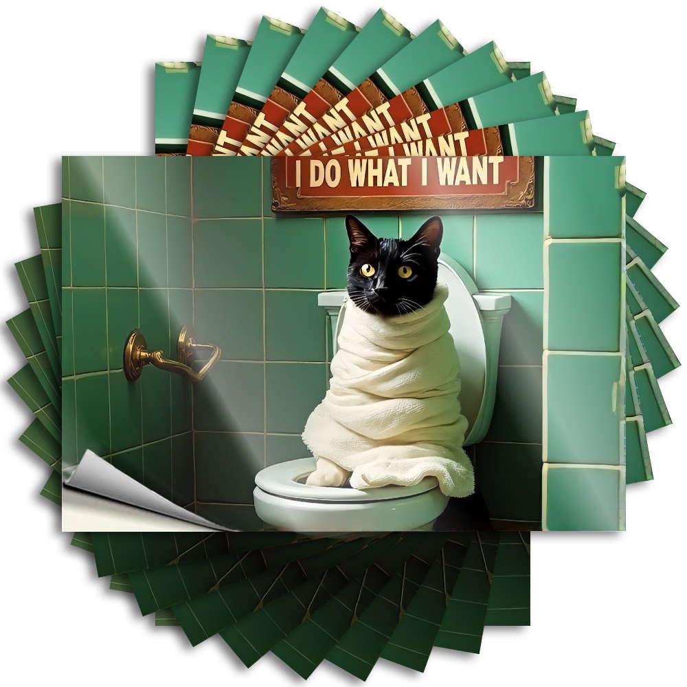 Indie Decor Interior Sticker - A Cat Wrapped in A Towel Sits On A Toilet. Wall Waterproof Vinyl Sticker(8X12CM)