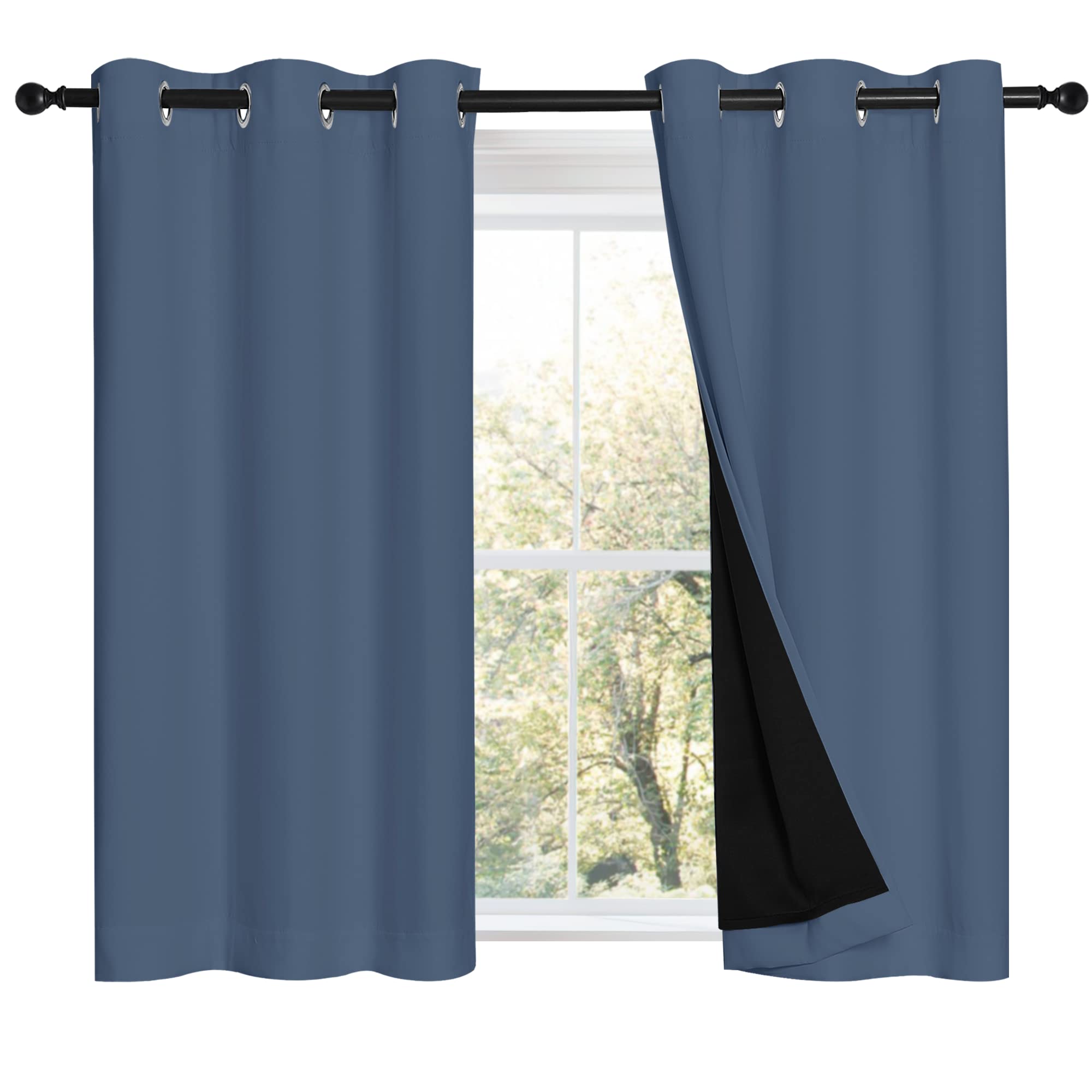 NICETOWN Stone Blue 100% Blackout Curtains with Black Liners, Thermal Insulated Full Blackout 2-Layer Drapes, Energy Efficiency Window Draperies for Boy's Room (2 Panels, 42-inch W by 45-inch L)