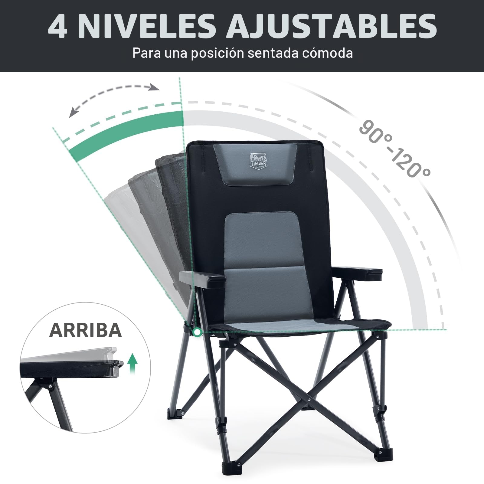 TIMBER RIDGE Silla de camping plegable de 260 kg, respaldo alto ajustable en 4 posiciones silla plegable acolchada, respaldo alto con bolsa de transporte silla de camping para jardín, balcón, caravana