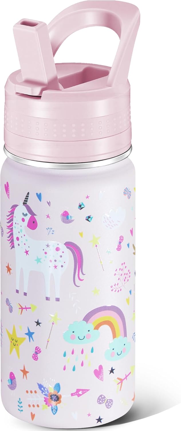 Kids Water Bottle,14oz Stainless Steel Insulated Water Tumbler Leak-Proof,School Water Mug,Small and Portable,Suitable for Boys and Girls to Use(Pink cartoon unicorn)