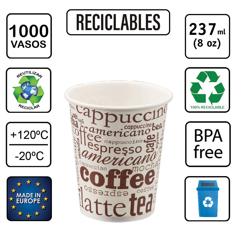 1000 Vasos Desechables 237 ML Cafe Vasos Carton Desechables para Cafe, Vasos ecologicos Reutilizables Bebidas Calientes, te, Leche, Resistentes al Calor, Capacidad