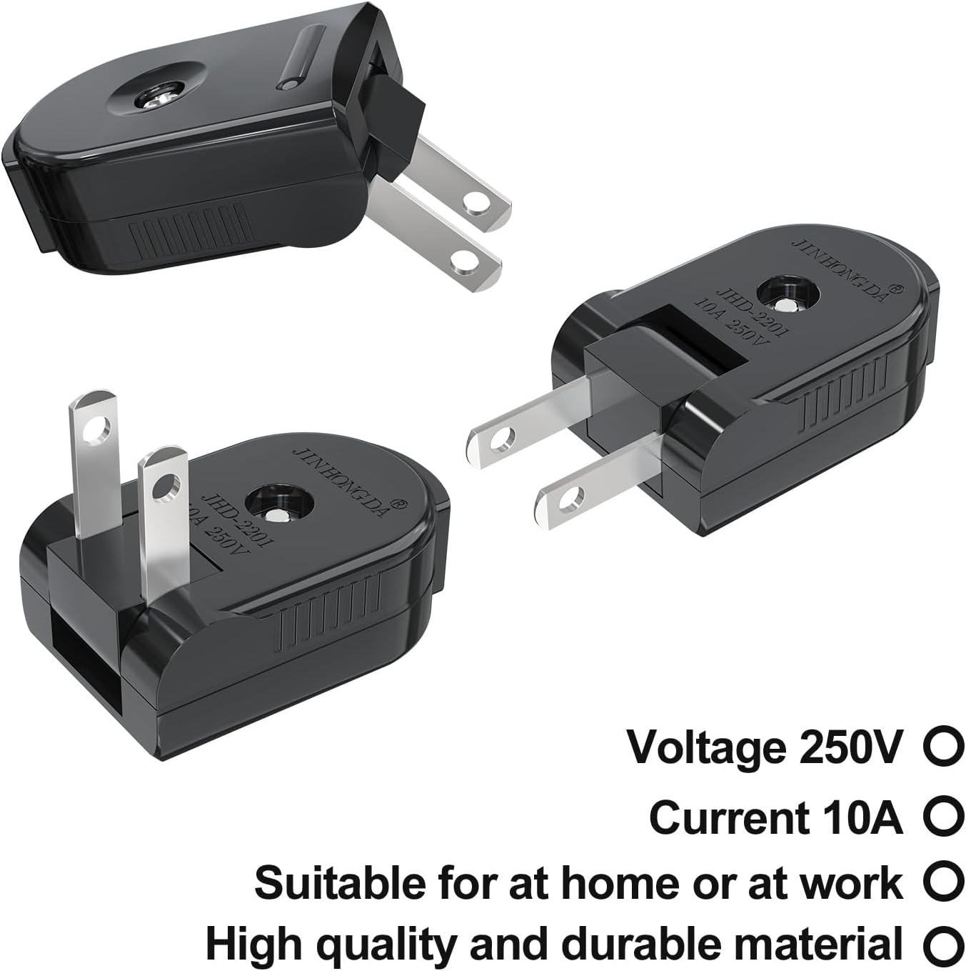 Extension Cord Replacement Male Power Plug, 2 Prong, 125V/10A, Non-Grounding, Ideal for Small Appliances Such as Power Strips & Lamps & DIY Projects, 20-Pack, Black